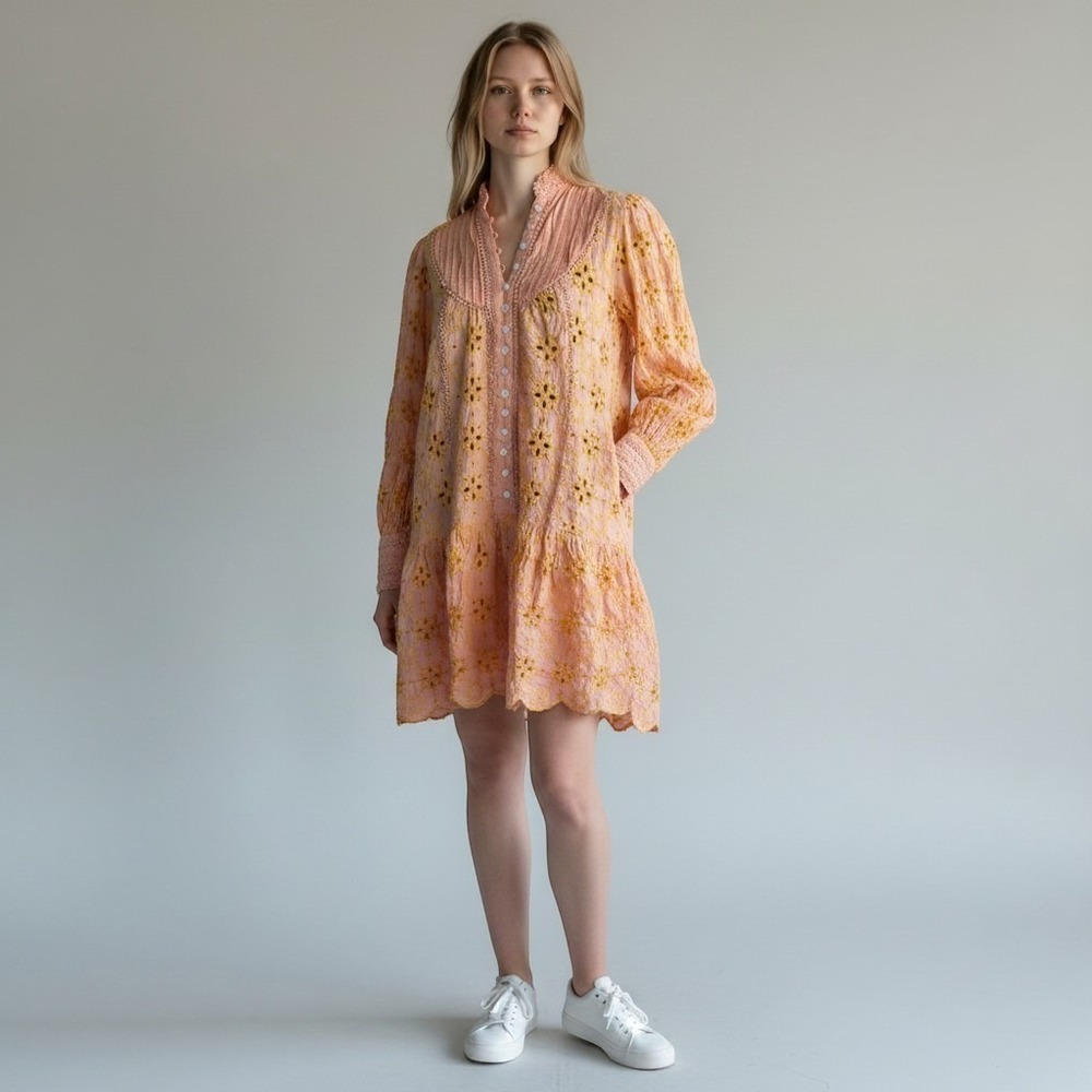 ROIII Small‎ Peach Eyelet Lace Mini Dress Peach Boho Embroidery Stunning Dress - Picture 3 of 12